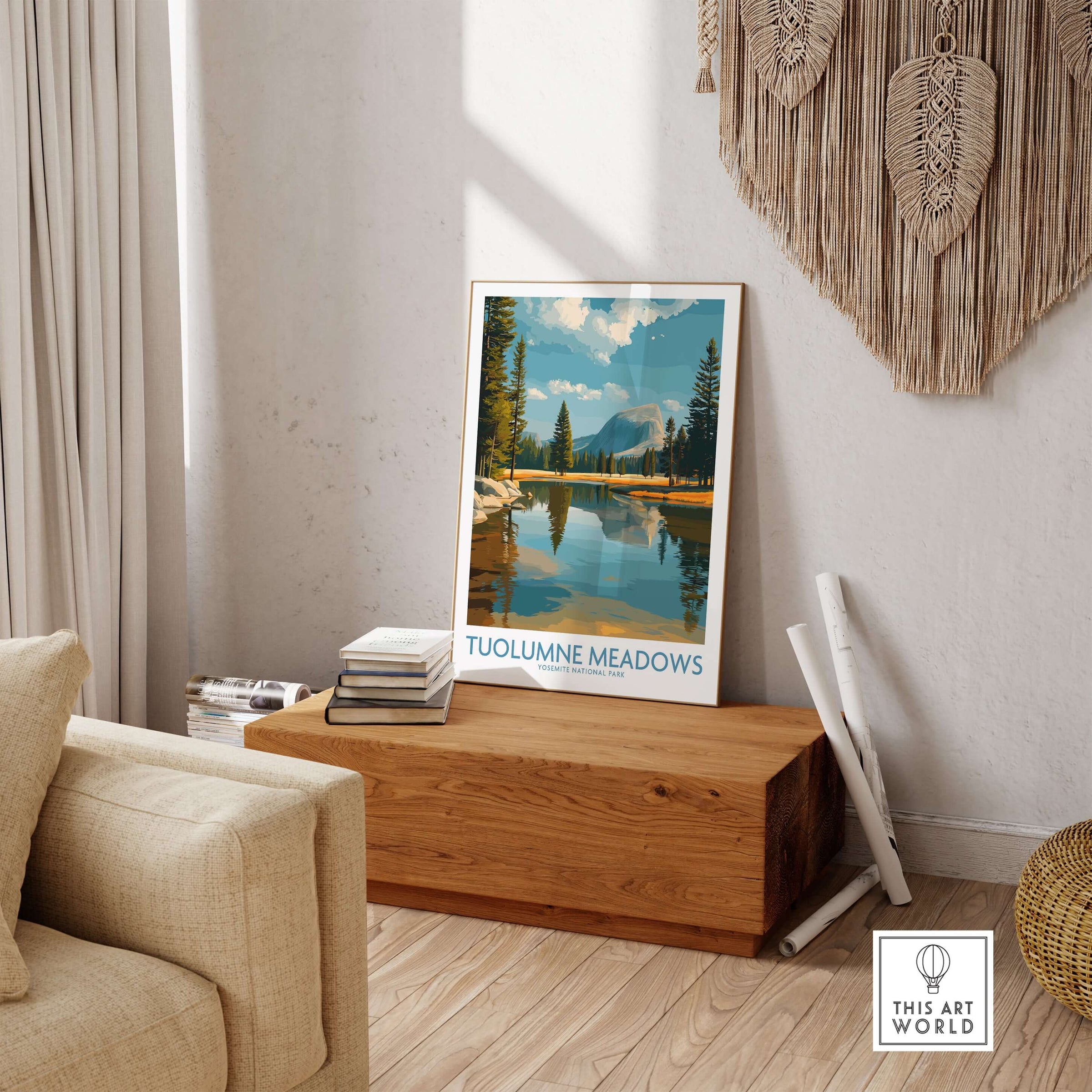 Tuolumne Meadows Yosemite Art Print | Cathedral Peak Reflection Poster displayed in a cozy living room setting.