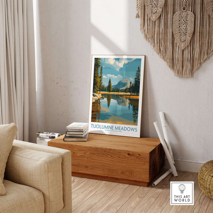 Tuolumne Meadows Yosemite Art Print | Cathedral Peak Reflection Poster showcased in a cozy living room setting.