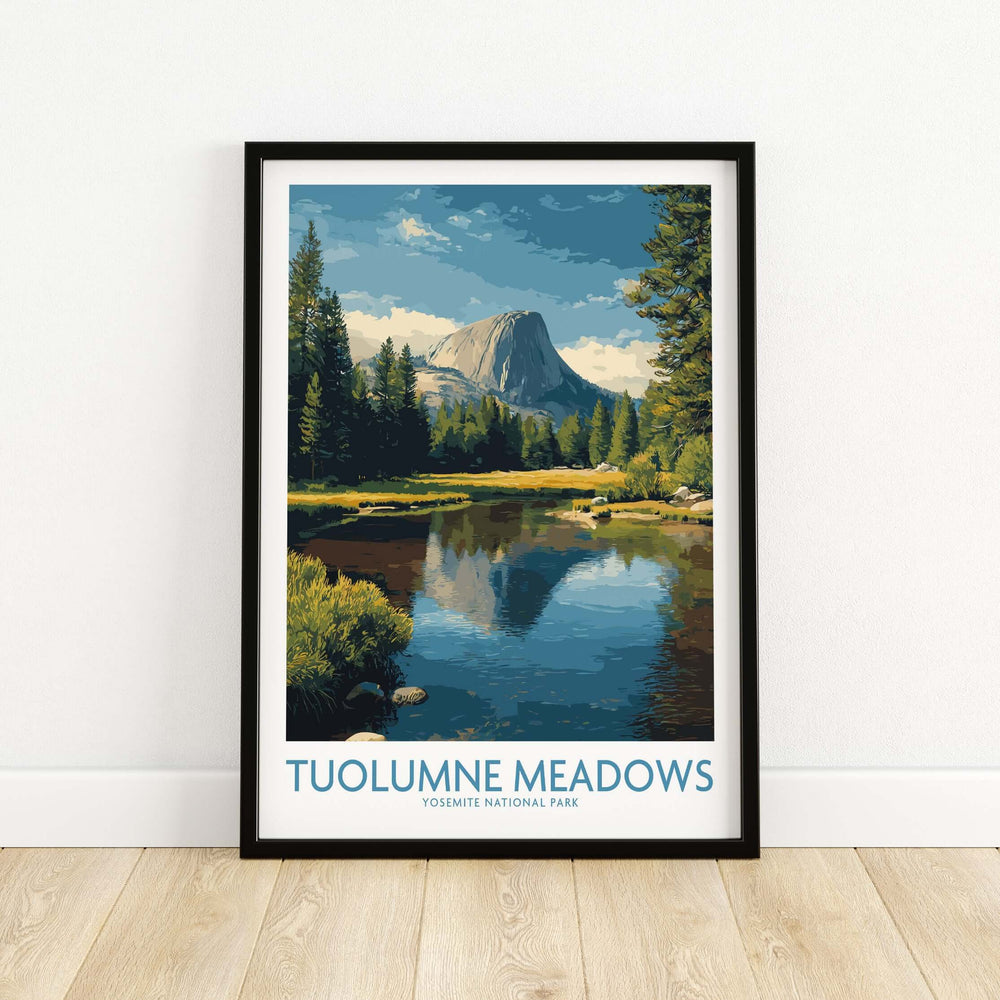 Tuolumne Meadows Yosemite Art Print framed, showcasing a serene landscape of mountains and a river.