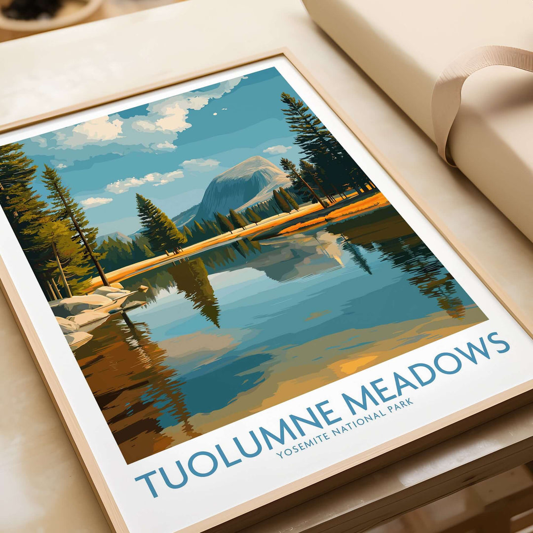 Tuolumne Meadows Yosemite Art Print | Cathedral Peak Reflection Poster showcasing serene landscape and reflection in waters.