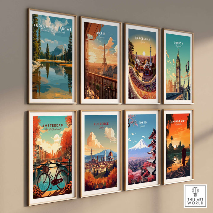 Tuolumne Meadows Print | Yosemite National Park Poster alongside colorful city travel posters, framed on a wall.