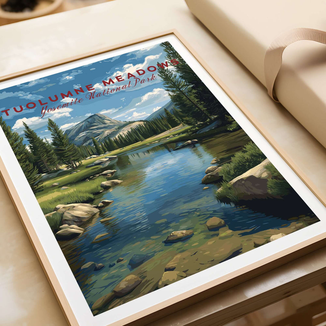 Tuolumne Meadows Print | Yosemite Wall Art Poster featuring a serene river and lush landscapes.