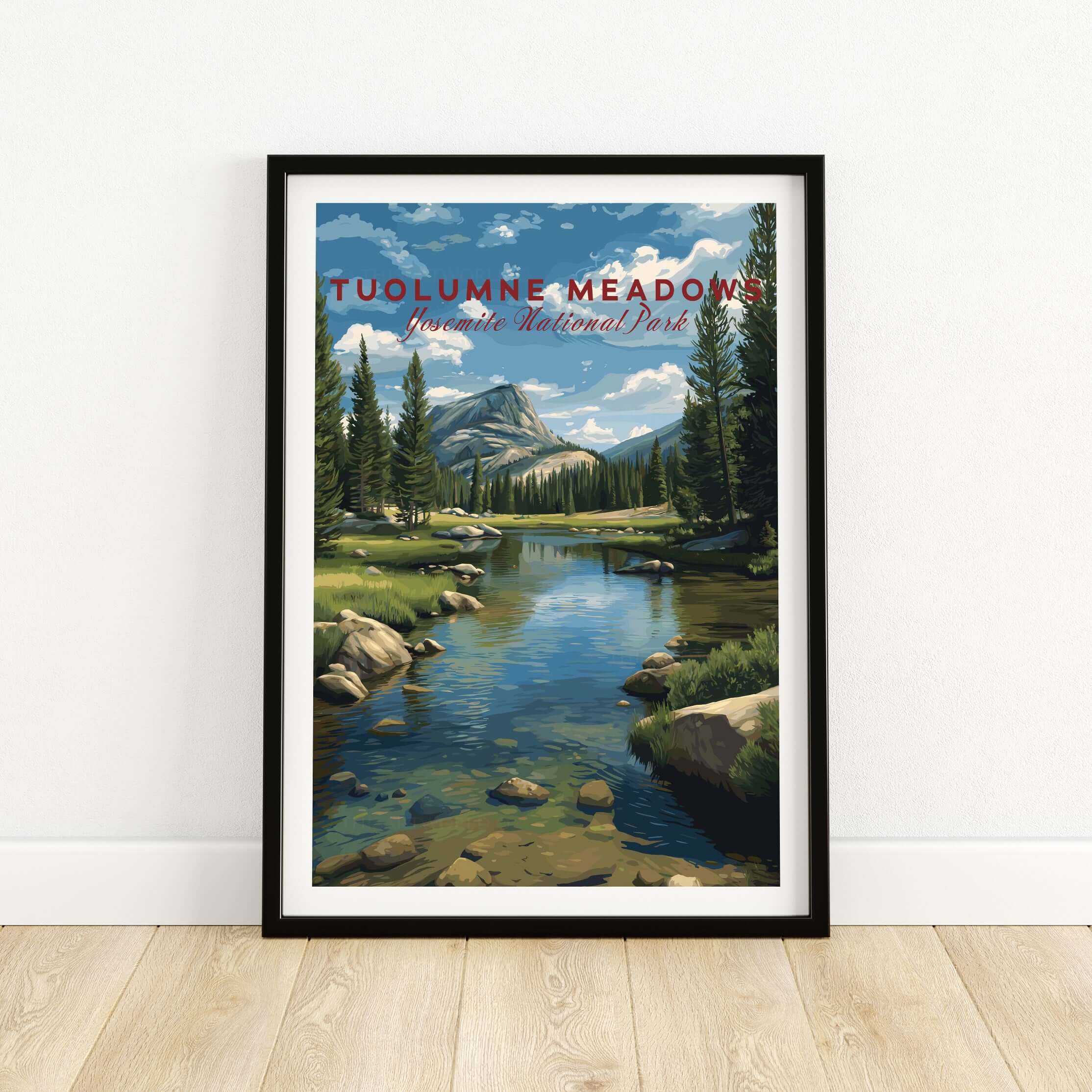 Tuolumne Meadows Print | Yosemite Wall Art Poster featuring serene river and mountains in Yosemite National Park.