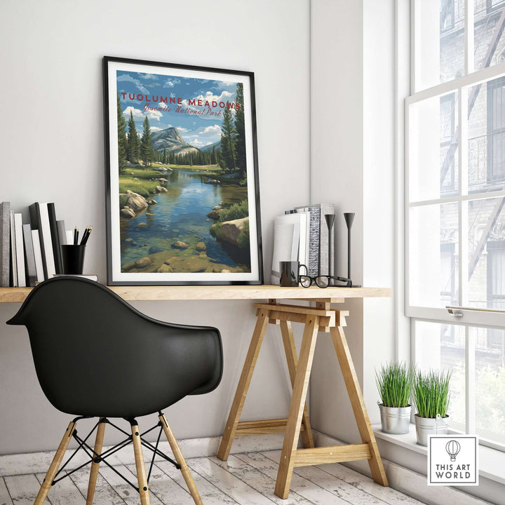 Tuolumne Meadows Print | Yosemite Wall Art Poster displayed in a modern workspace, enhancing the serene atmosphere.