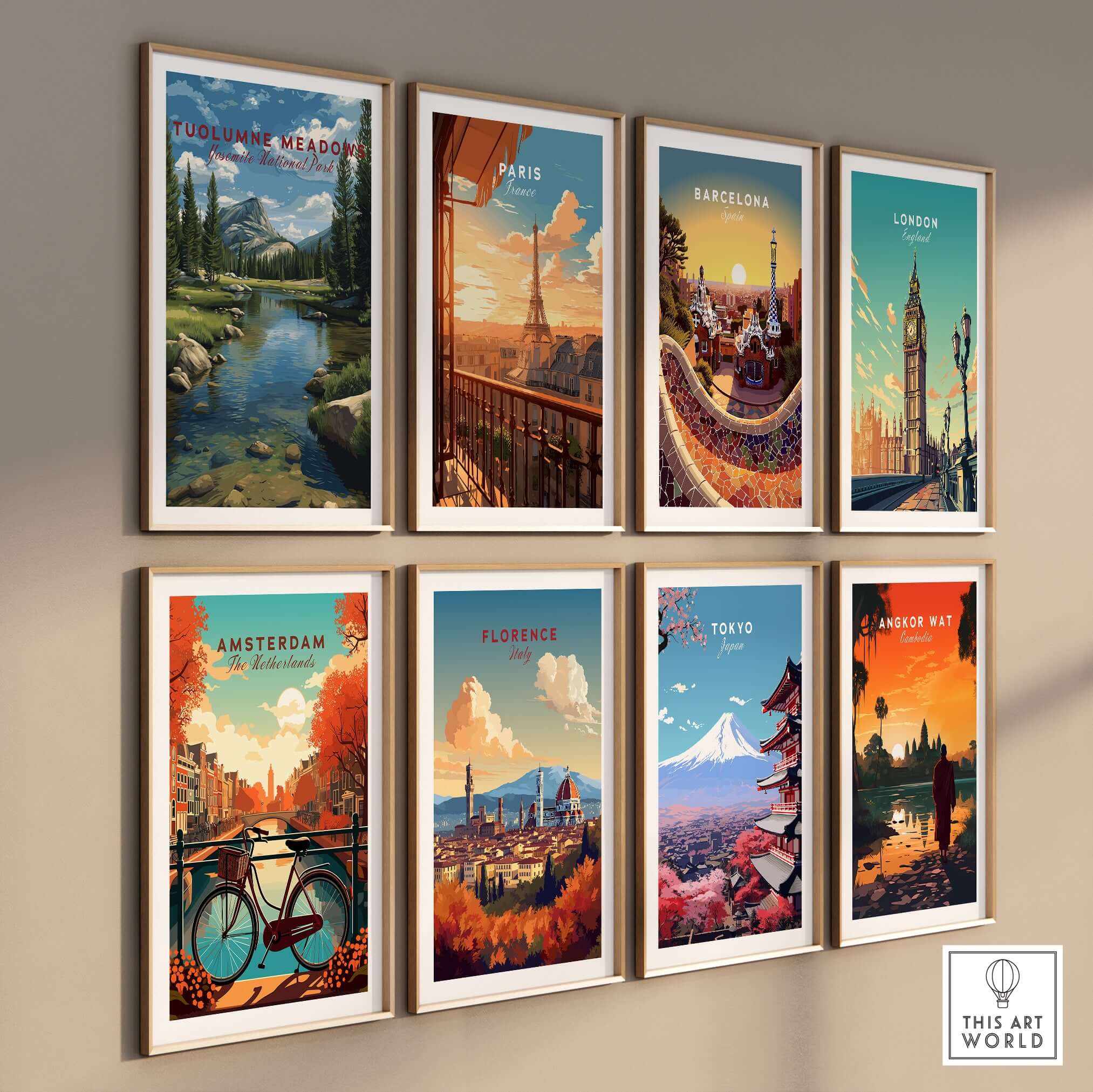Tuolumne Meadows Print | Yosemite Wall Art Poster displayed among various international city posters.