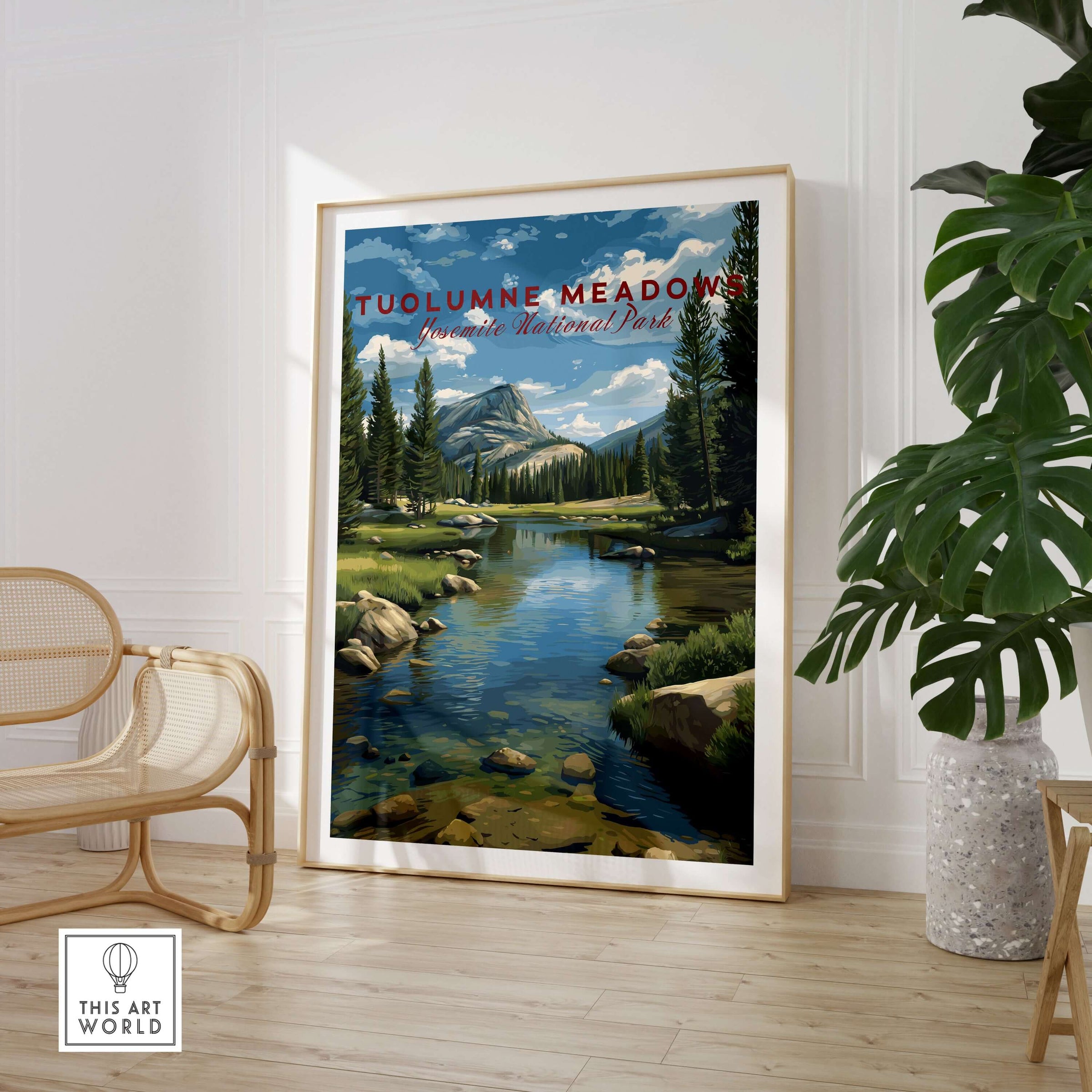 Tuolumne Meadows Print | Yosemite Wall Art Poster displayed in a cozy home setting with plants and furniture.