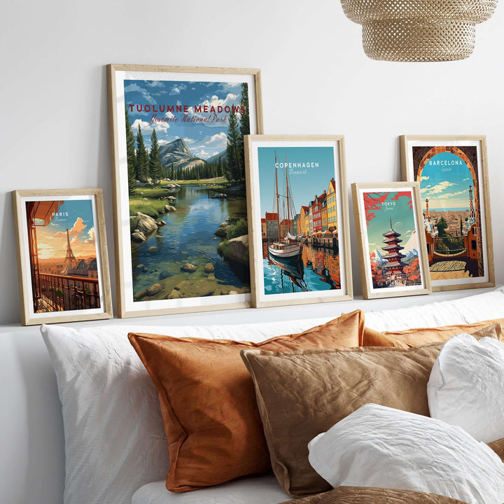 Tuolumne Meadows Print | Yosemite Wall Art Poster displayed among other framed art on a stylish sofa.
