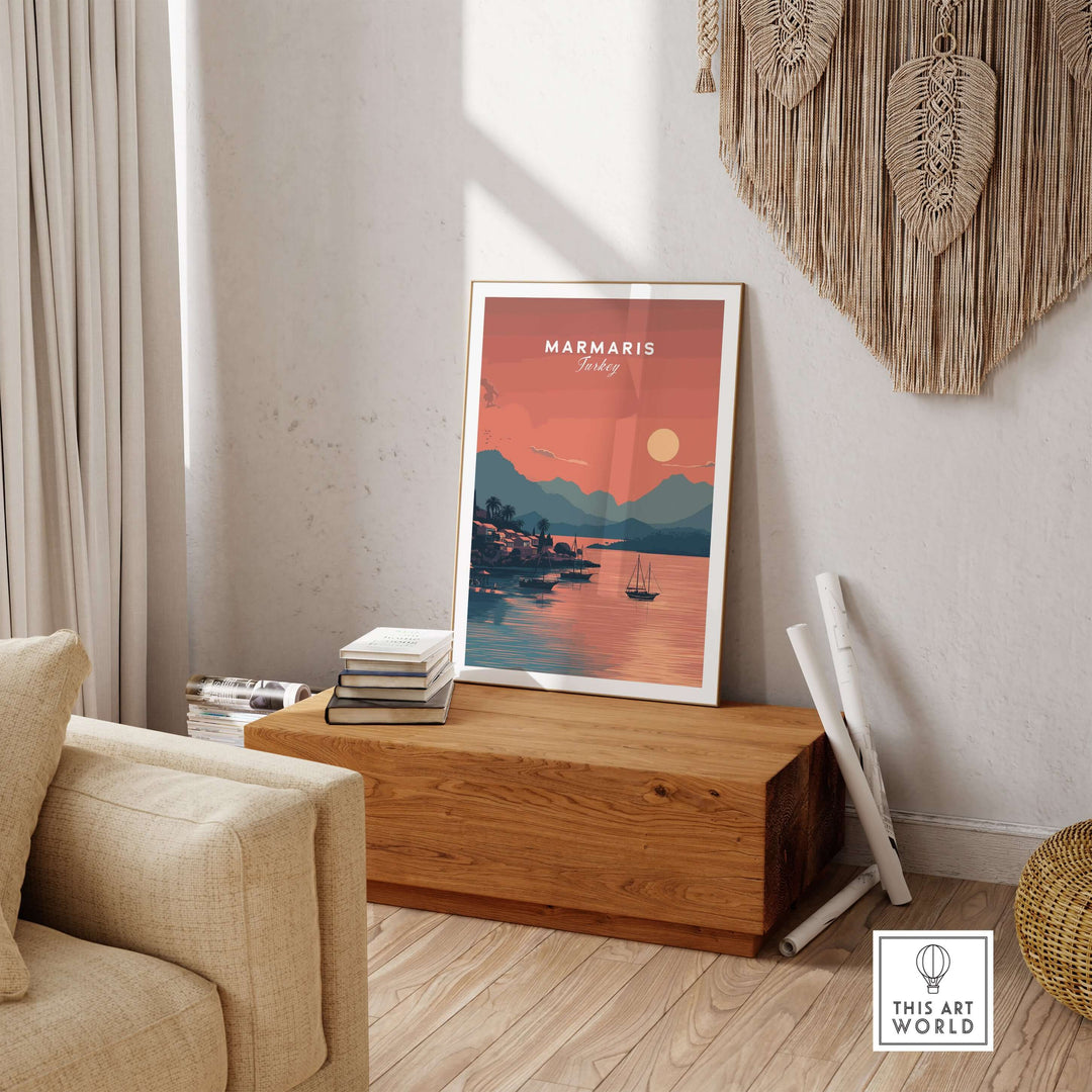 Marmaris Bay sunset poster displayed in a cozy room, showcasing vibrant coastal colors and tranquil scenery.