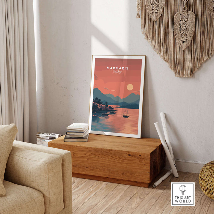 Marmaris Bay sunset poster displayed in a cozy room, showcasing vibrant coastal colors and tranquil scenery.