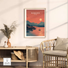 Turkish Riviera Sunset Poster - Marmaris Bay Wall Art - Turkey Print showcasing a coastal sunset in a modern living room.