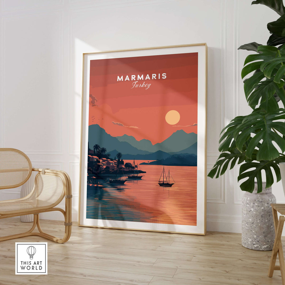 Marmaris sunset poster showcasing Turkey's coastal beauty with vibrant colors in a modern living room setting.