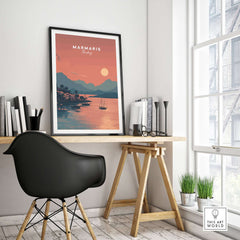Turkish Riviera Sunset Poster - Marmaris Bay Wall Art - Turkey Print displayed in a cozy interior setting.