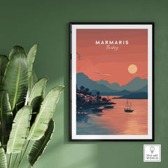 Turkish Riviera Sunset Poster - Marmaris Bay Wall Art - Turkey Print displayed on a wall with greenery.