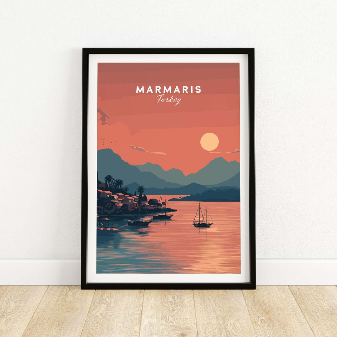Turkish Riviera sunset poster featuring Marmaris Bay, vibrant colors, framed wall art for home decor.