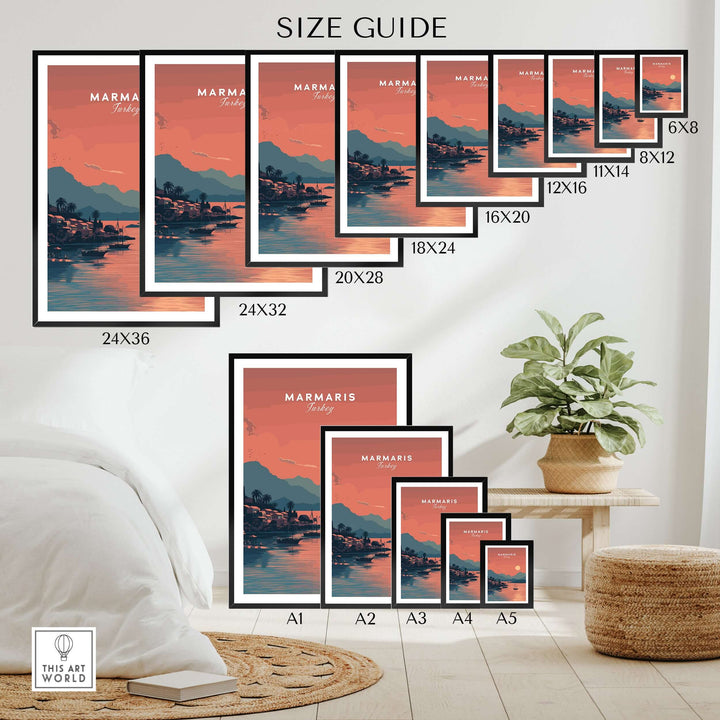Size guide for Marmaris Bay sunset poster showing available print sizes on a wall decor display.