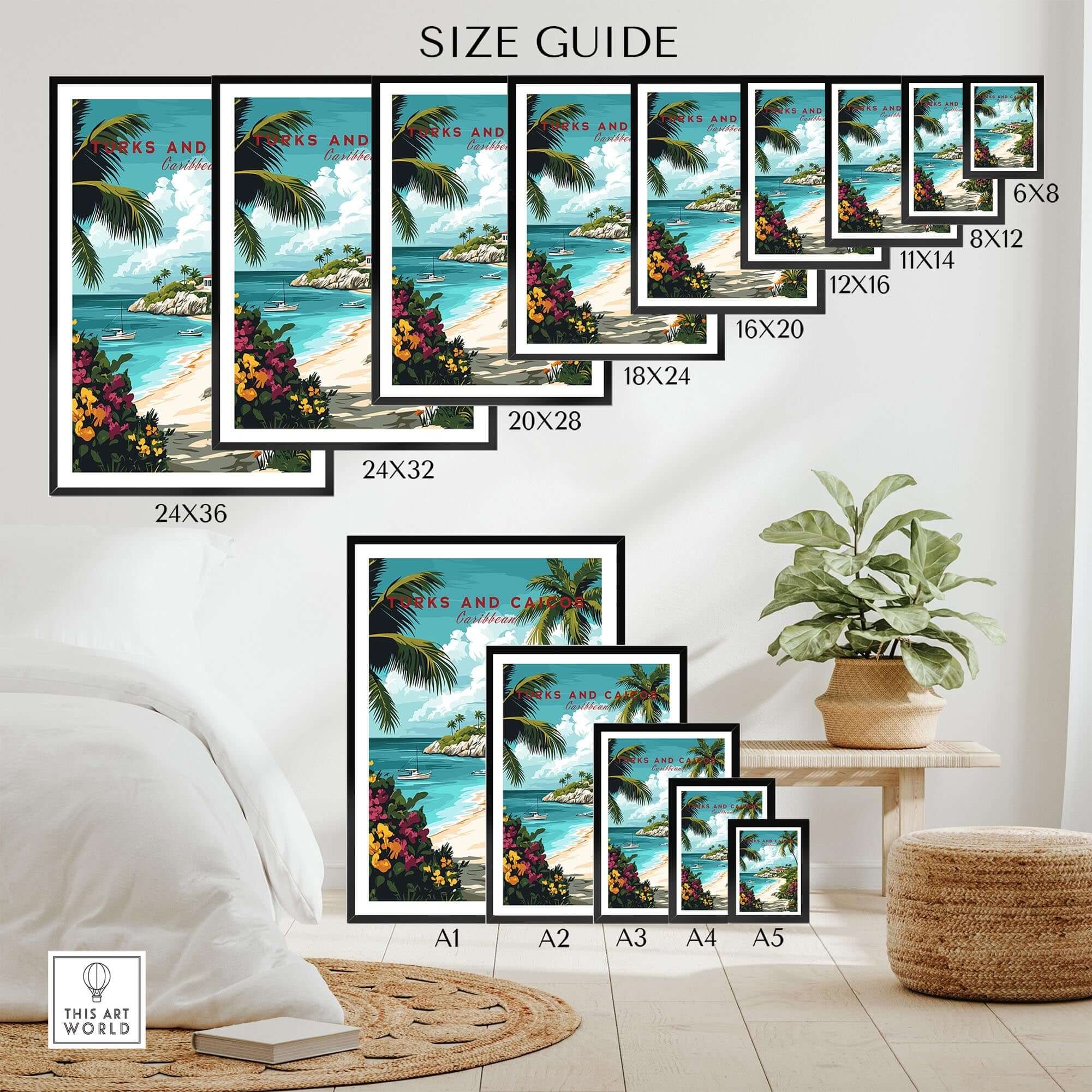 Turks and Caicos Caribbean Poster size guide with various frame dimensions and a tropical beach backdrop.