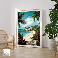 Turks and Caicos Caribbean Poster showcasing a tropical beach and vibrant flora in a stylish decor setting.