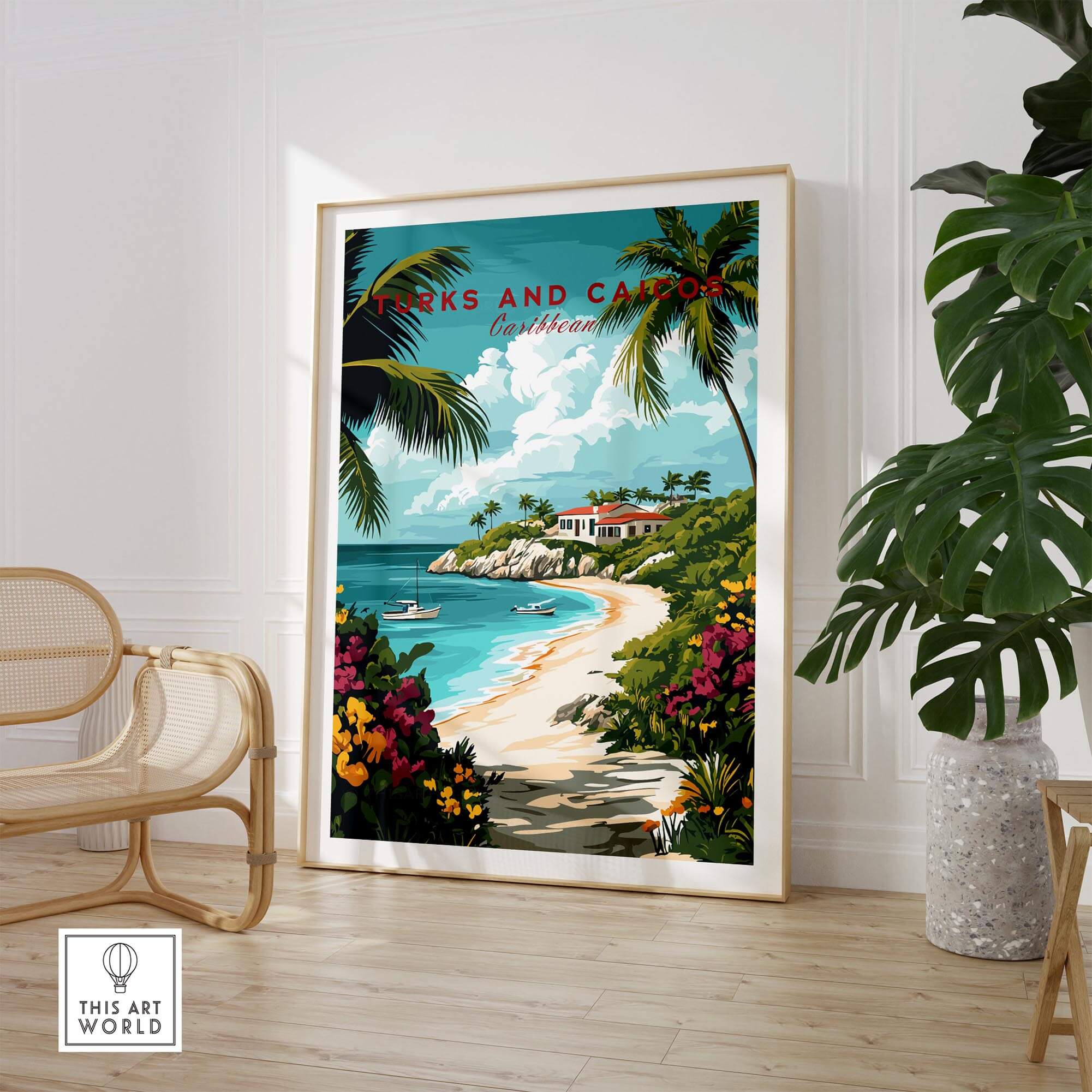 Turks and Caicos Caribbean Poster showcasing a tropical beach and vibrant flora in a stylish decor setting.