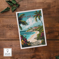 Turks and Caicos Caribbean Poster showcasing beautiful beach scenery and tropical greenery.