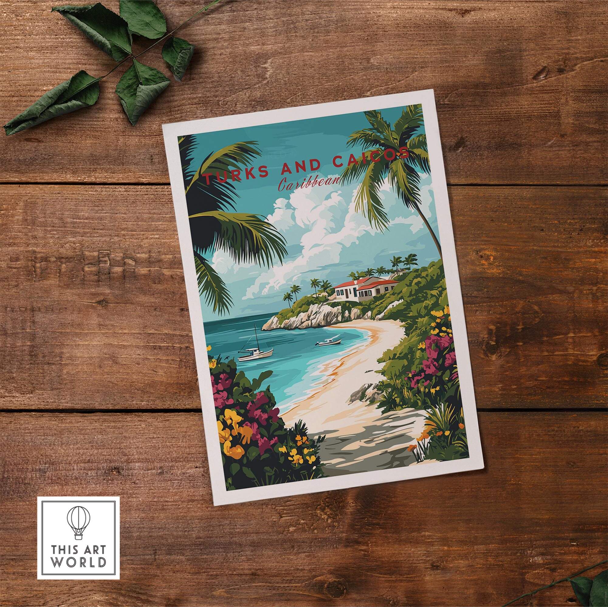 Turks and Caicos Caribbean Poster showcasing beautiful beach scenery and tropical greenery.