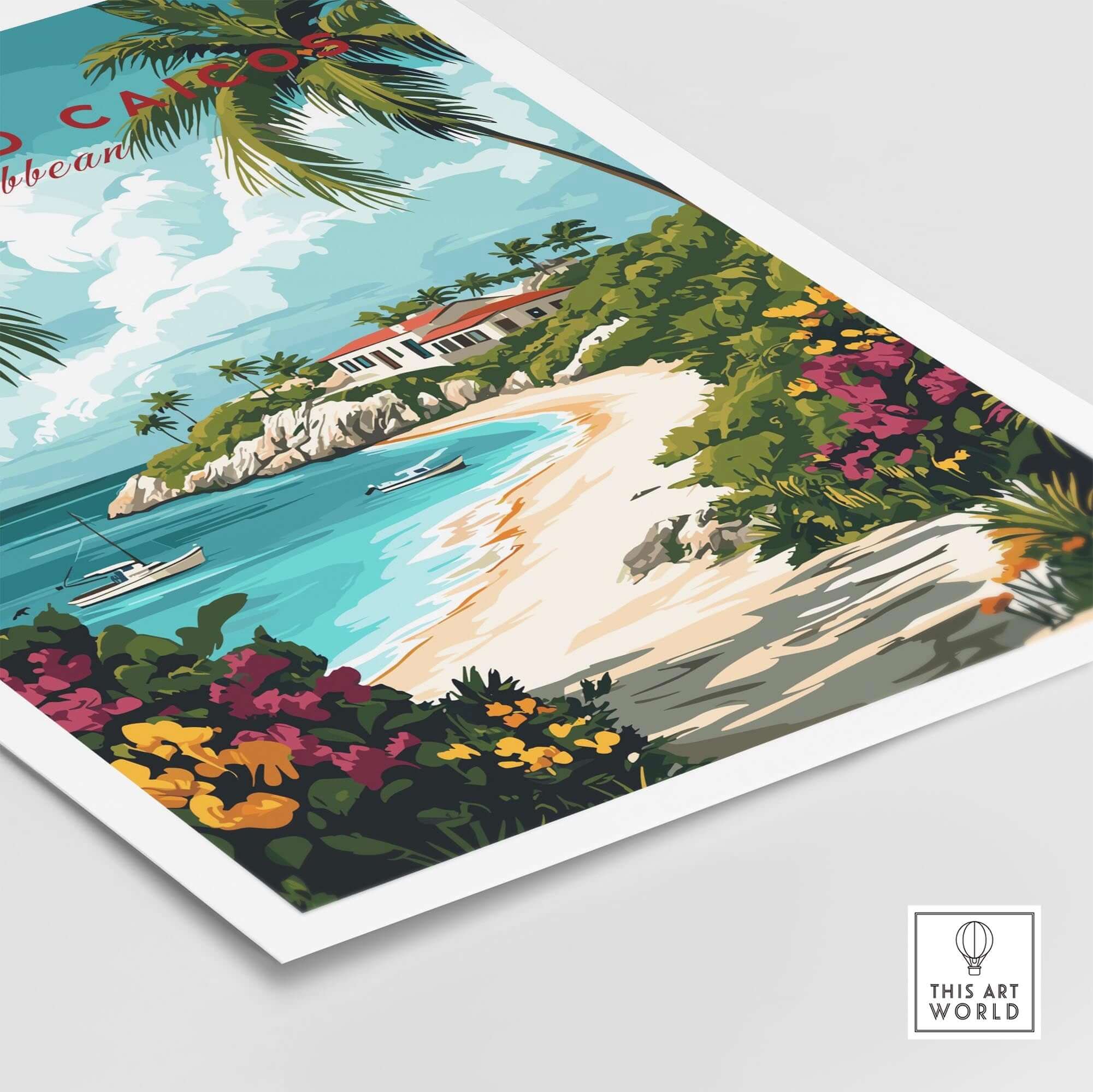 Turks and Caicos Caribbean Poster showcasing a tropical beach with clear waters and vibrant flowers.
