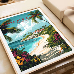 Turks and Caicos Caribbean Poster featuring tropical beach scenery and vibrant flowers