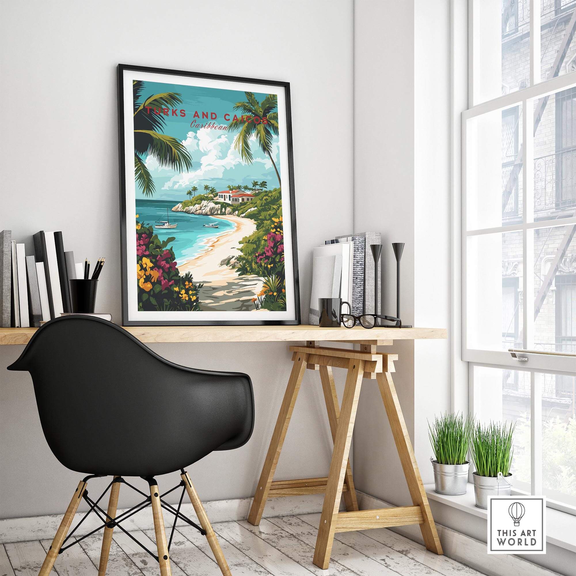 Turks and Caicos Caribbean Poster displayed in a modern workspace, bringing tropical vibe and vibrant decor.