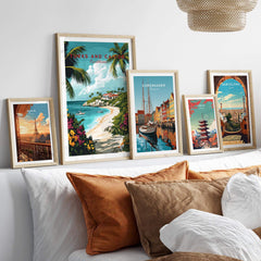 Turks and Caicos Caribbean Poster collection displayed on a wall, showcasing tropical scenery and vibrant colors.