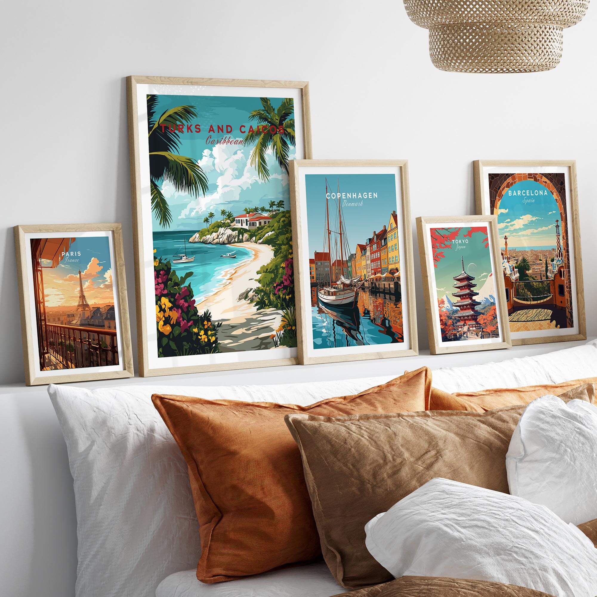 Turks and Caicos Caribbean Poster collection displayed on a wall, showcasing tropical scenery and vibrant colors.