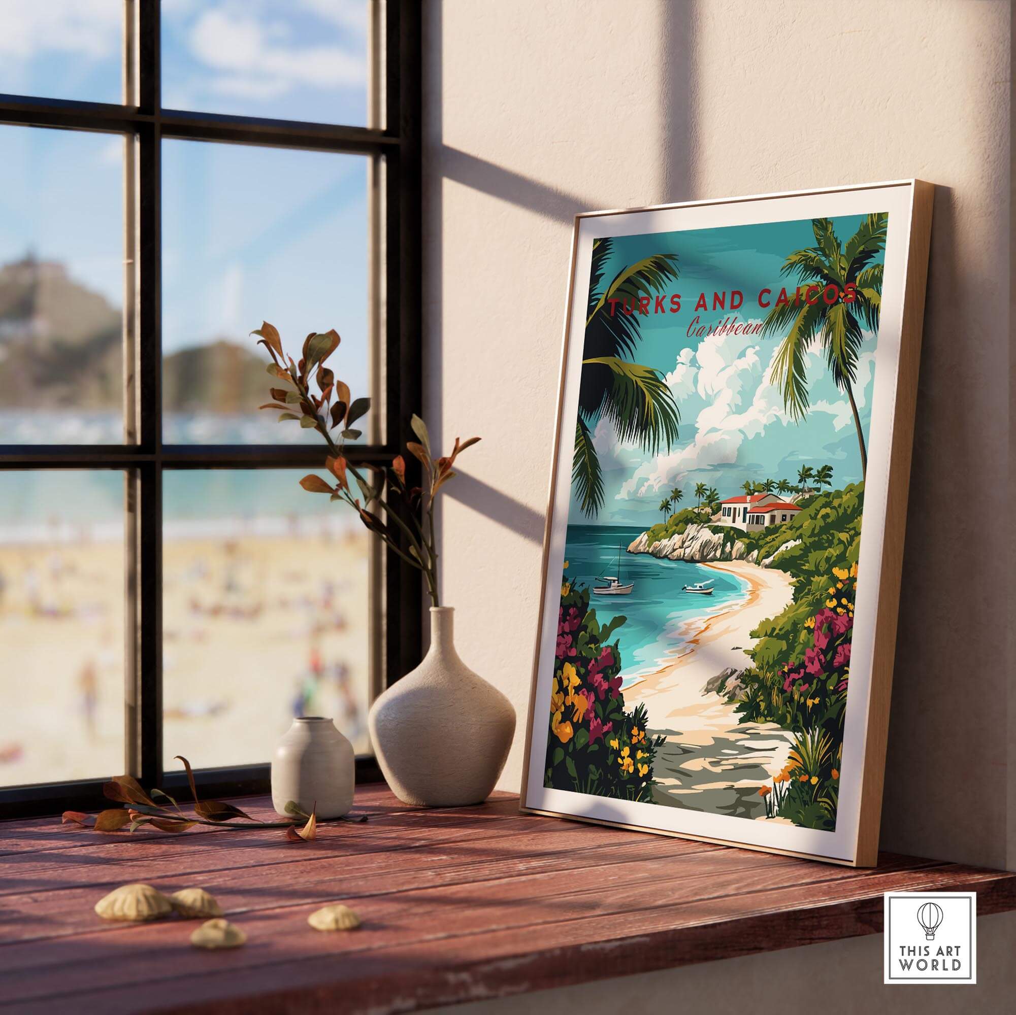 Turks and Caicos Caribbean Poster displayed by a sunny window, showcasing tropical beach and vibrant colors.