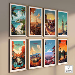 Collage of travel posters including Turks and Caicos Caribbean Poster, Paris, Barcelona, London, Amsterdam, Florence, and Tokyo.