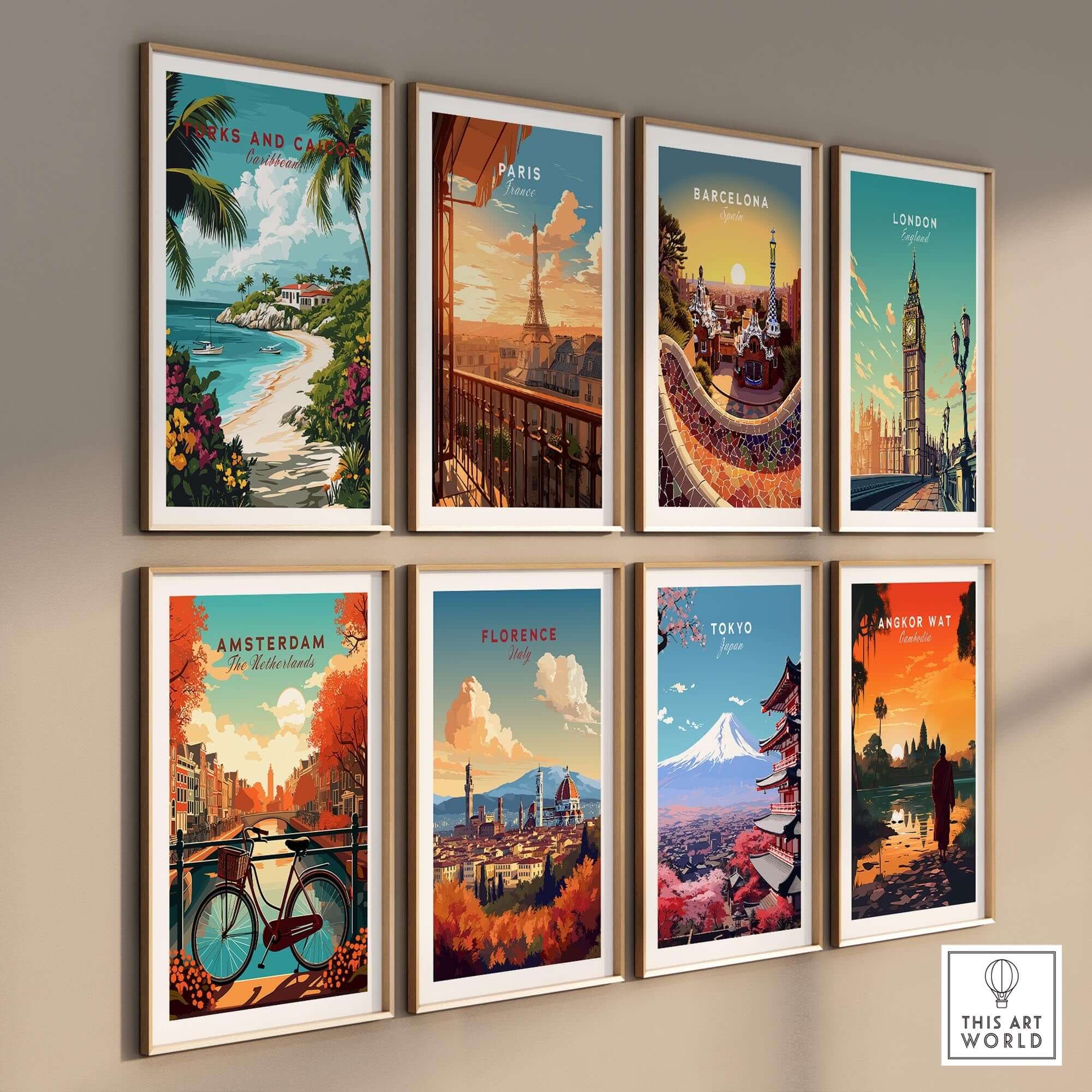 Collage of travel posters including Turks and Caicos Caribbean Poster, Paris, Barcelona, London, Amsterdam, Florence, and Tokyo.
