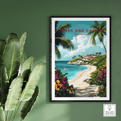 Turks and Caicos Caribbean Poster framed on wall, featuring tropical beach and vibrant greenery.