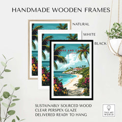 Turks and Caicos Caribbean Poster framed in handmade wooden frames, showcasing tropical paradise vibes and vibrant colors.