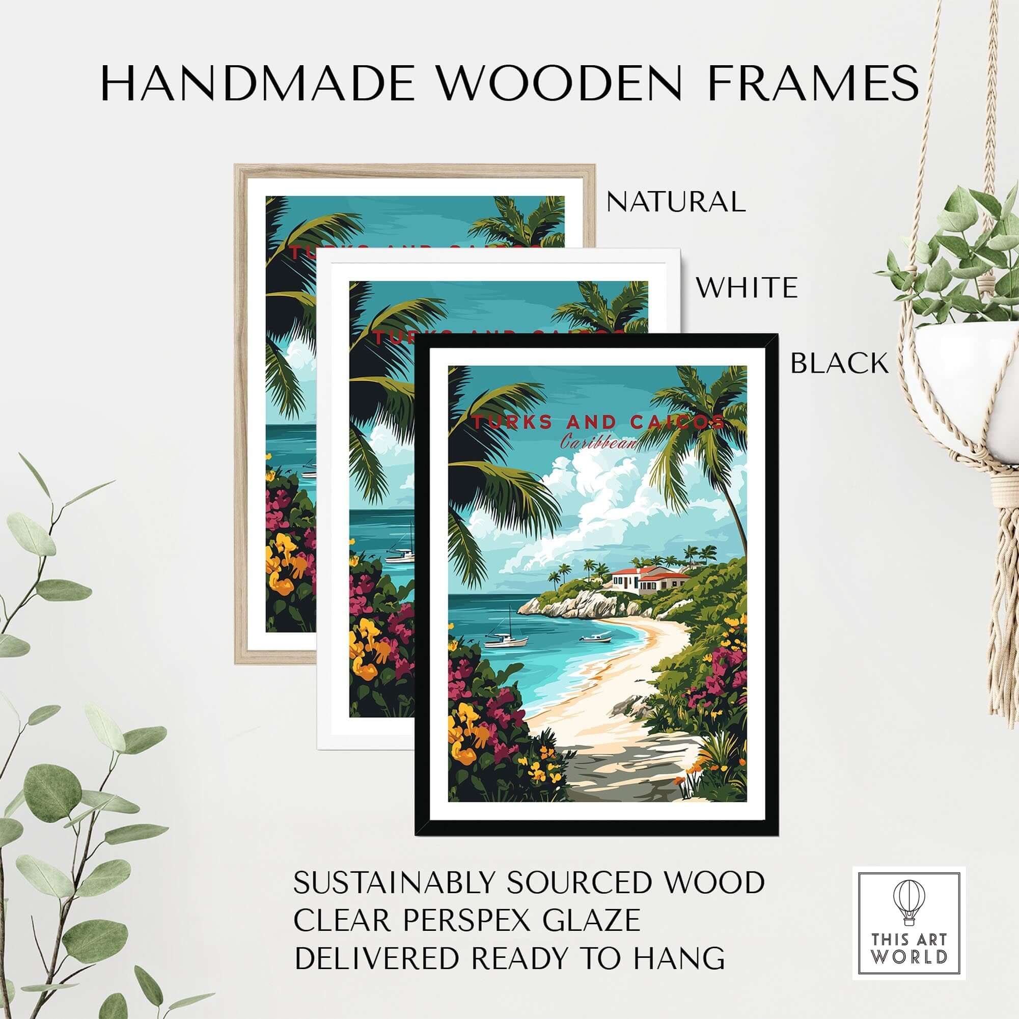 Turks and Caicos Caribbean Poster framed in handmade wooden frames, showcasing tropical paradise vibes and vibrant colors.