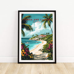 Turks and Caicos Caribbean Poster featuring tropical beach and vibrant flowers, perfect for home decor.