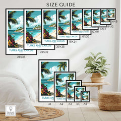 Size guide for Turks and Caicos Caribbean Wall Art Print in various dimensions.