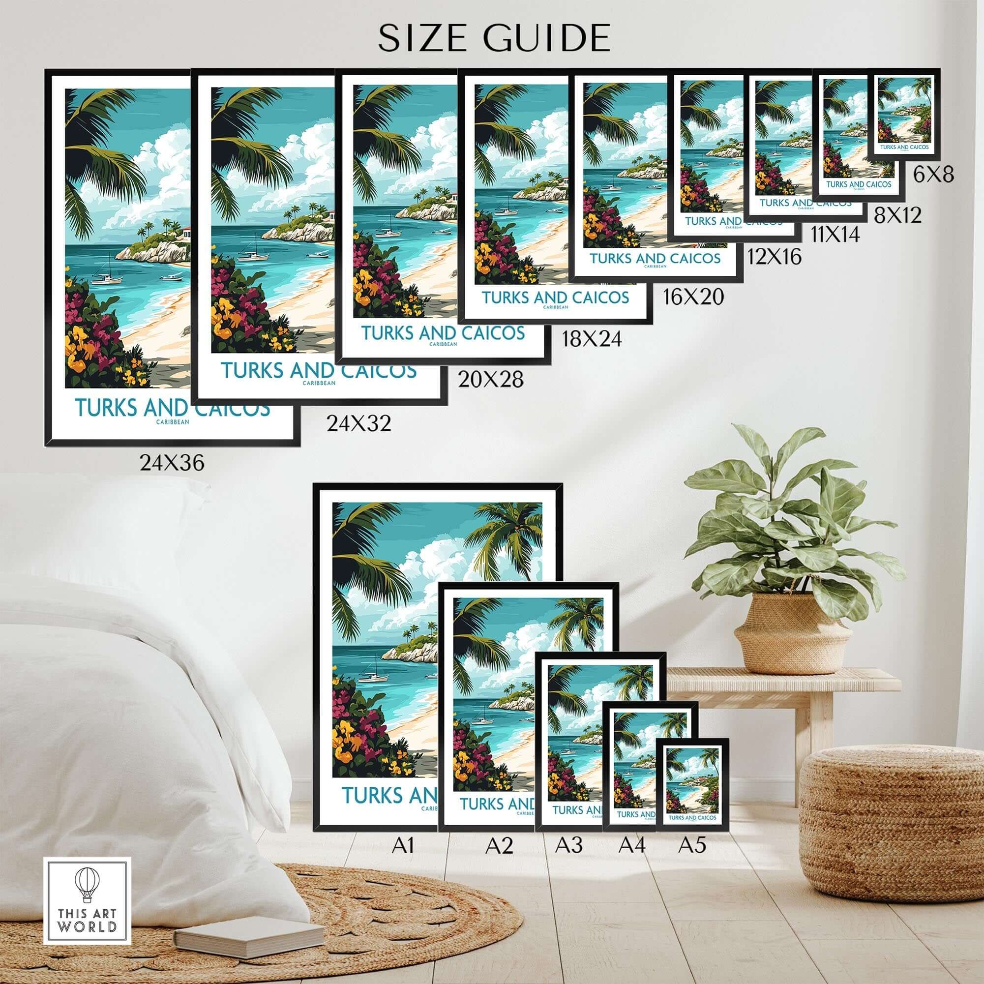 Size guide for Turks and Caicos Caribbean Wall Art Print in various dimensions.