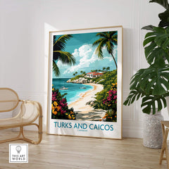Turks and Caicos Caribbean Wall Art Print showcasing a tropical beach scene with vibrant colors and palm trees.