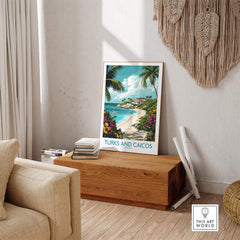 Turks and Caicos Caribbean Wall Art Print showcasing a tropical beach scene with vibrant colors in a stylish interior.