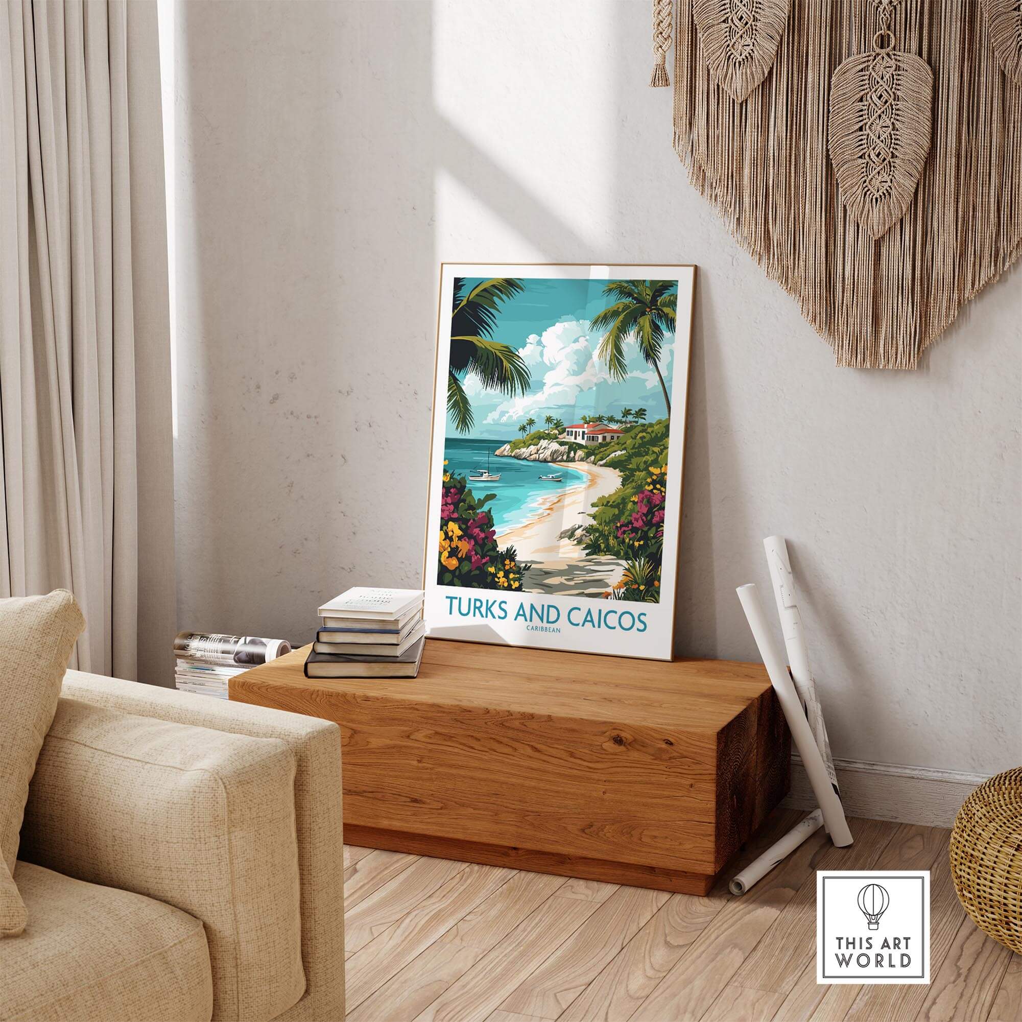 Turks and Caicos Caribbean Wall Art Print showcasing a tropical beach scene with vibrant colors in a stylish interior.