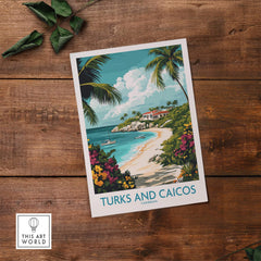 Turks and Caicos Caribbean Wall Art Print showcasing a tropical beach scene with vibrant colors and palm trees.