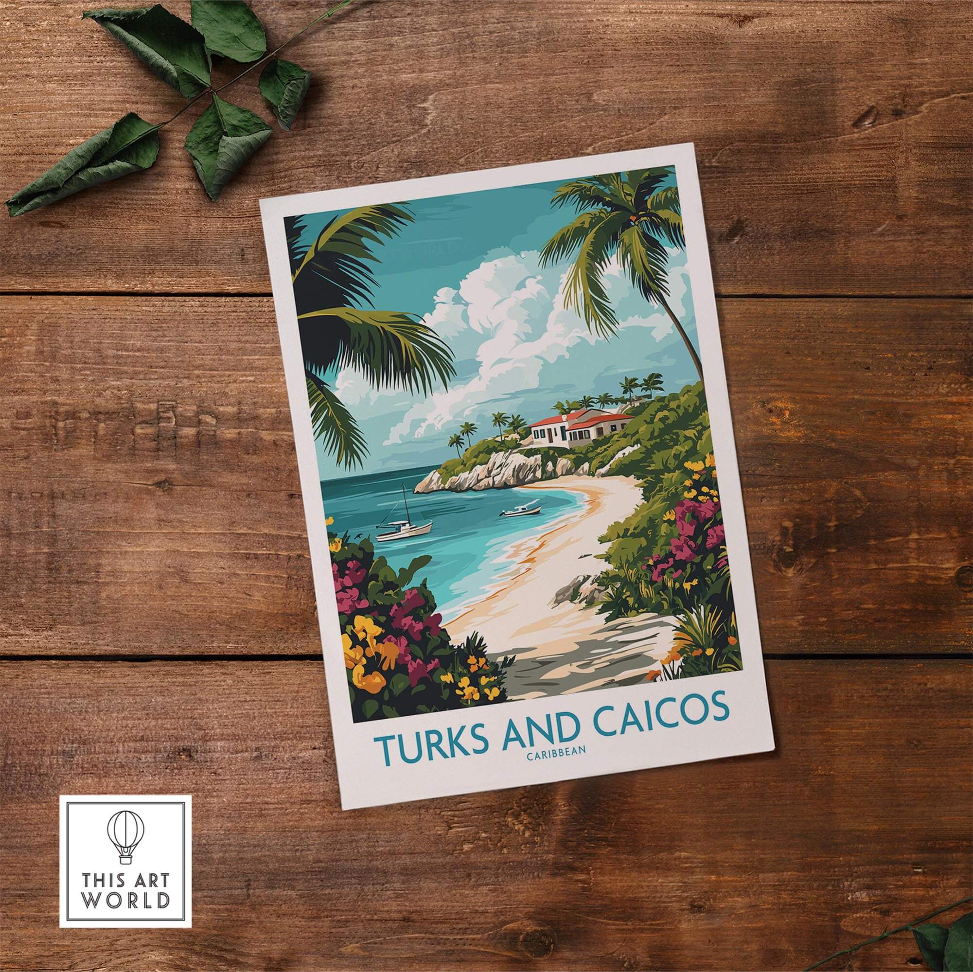 Turks and Caicos Caribbean Wall Art Print showcasing a tropical beach scene with vibrant colors and palm trees.