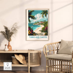 Turks and Caicos Caribbean Wall Art Print displayed on a wall in a stylish interior with tropical decor.