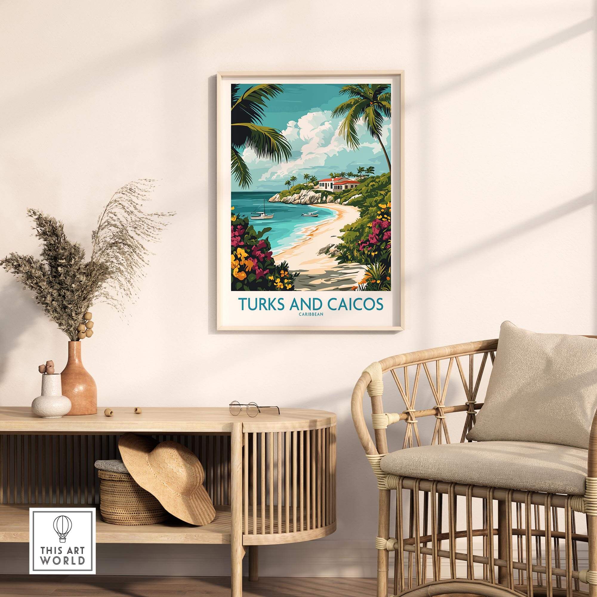 Turks and Caicos Caribbean Wall Art Print displayed on a wall in a stylish interior with tropical decor.