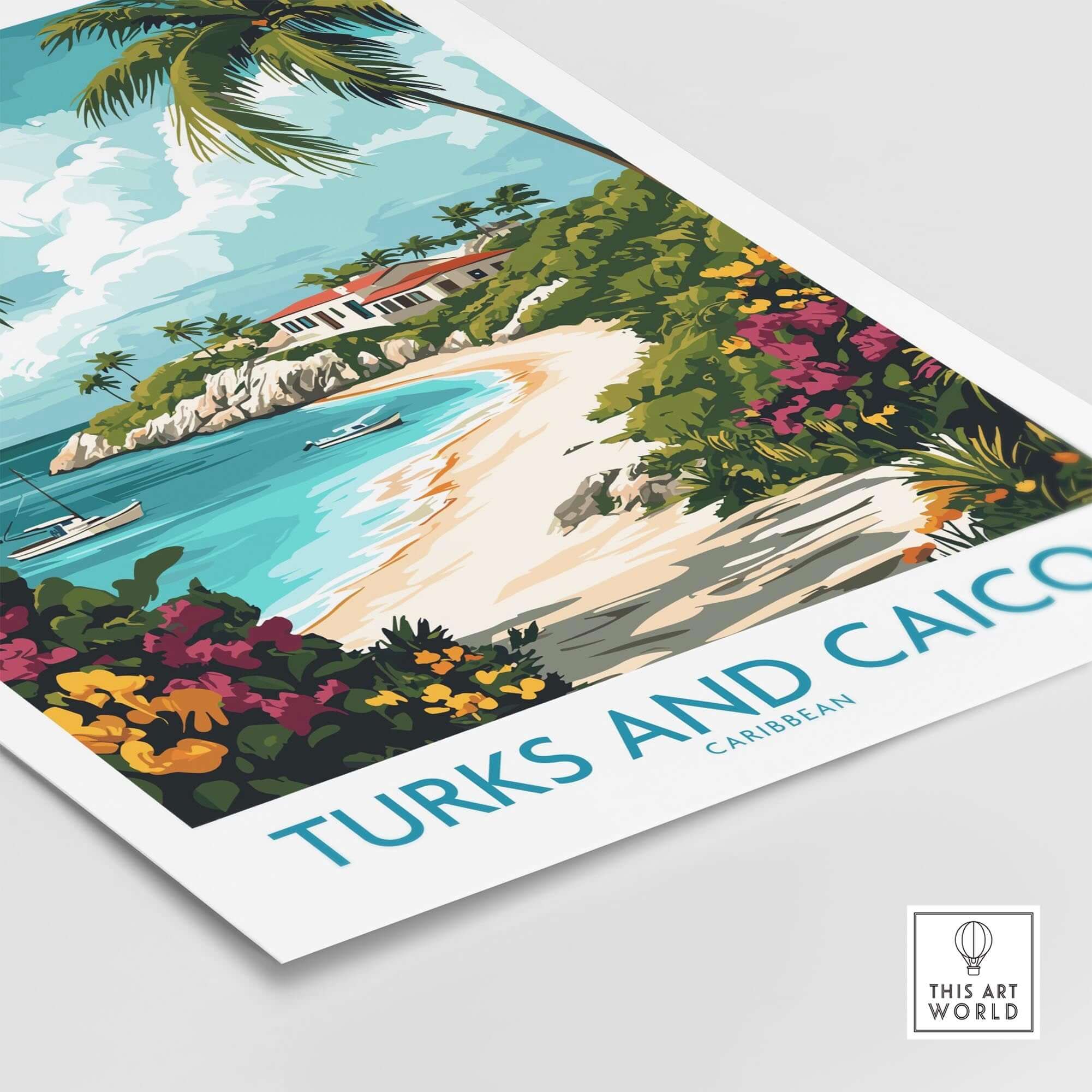 Turks and Caicos Caribbean Wall Art Print showcasing a tropical beach and vibrant flora in a colorful travel poster.