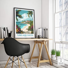 Turks and Caicos Caribbean Wall Art Print displayed on a desk in a bright room with tropical theme.