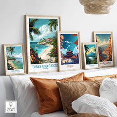 Turks and Caicos Caribbean Wall Art Print displayed among other travel posters for a tropical decor aesthetic.