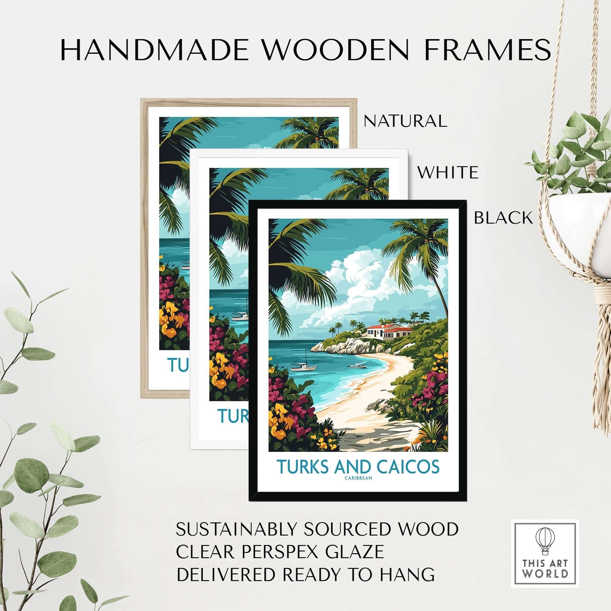 Handmade wooden frames for Turks and Caicos Caribbean Wall Art Print, featuring natural, white, and black options.