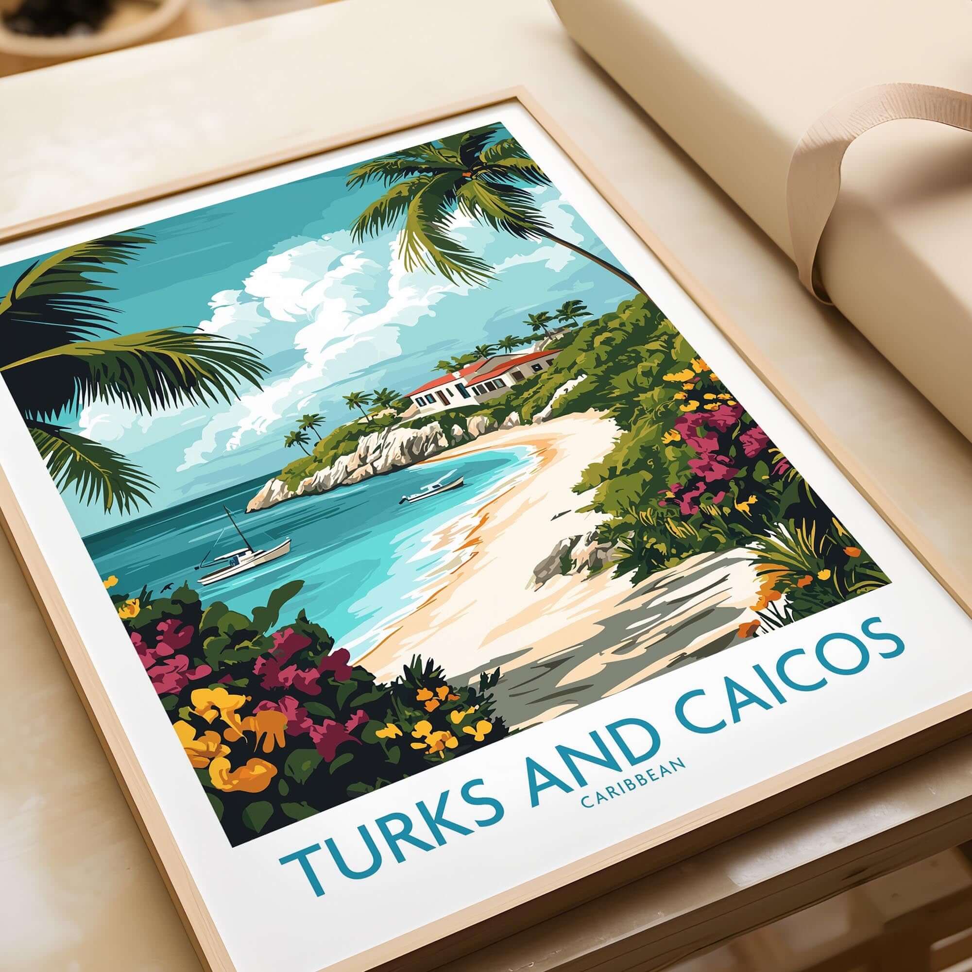 Turks and Caicos Caribbean Wall Art Print featuring a vibrant beach scene with palm trees and ocean views.